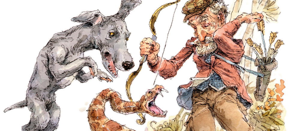 Dog, snake, and hunter illustration by John Cuneo.
